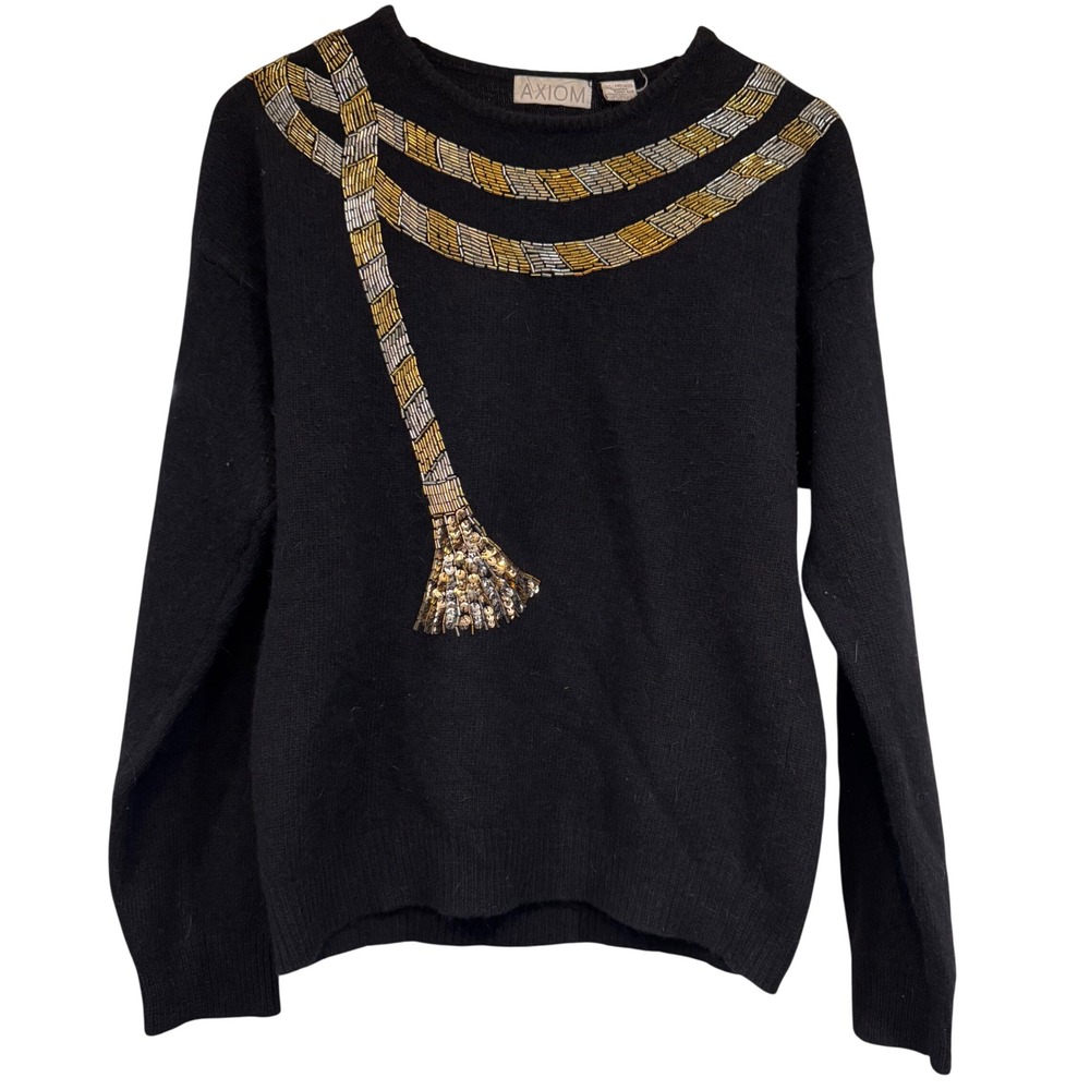 Vintage Axiom Black Lambswool Angora Gold and Silver Beaded Tassel Sweater Large